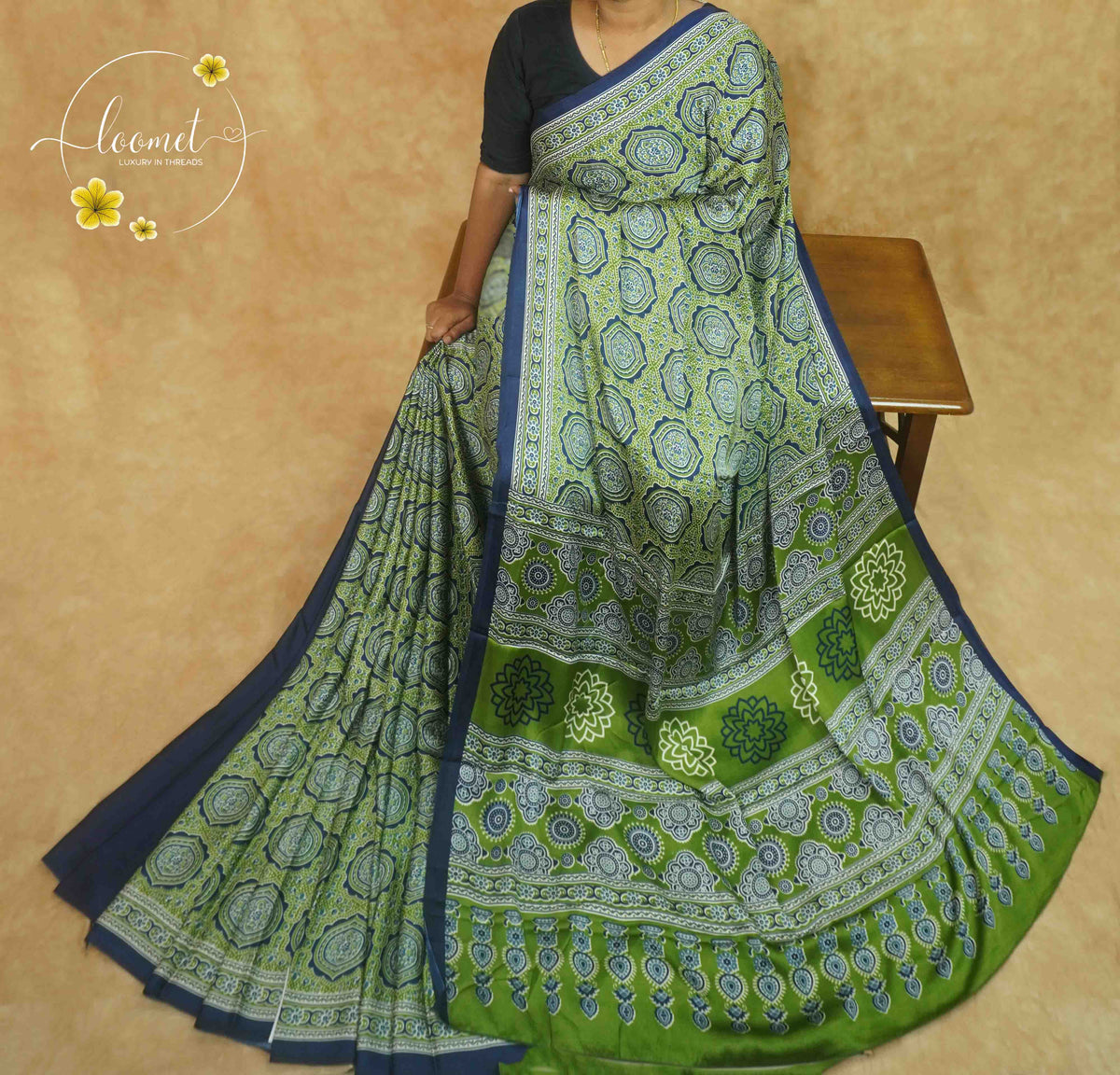 APL5122 Forest Green & Indigo Semi Modal Silk with geometric octagonal mandalas.