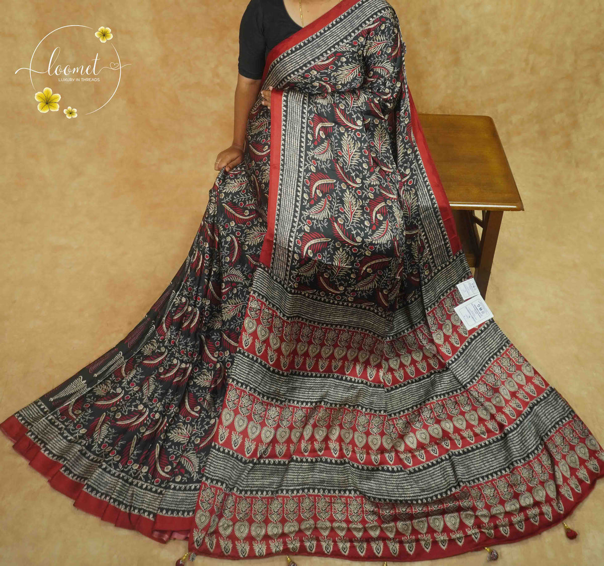 APL5123 Charcoal Black & Crimson Red Semi Modal Silk with paisley motifs and tassels.