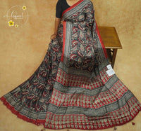 APL5123 Charcoal Black & Crimson Red Semi Modal Silk with paisley motifs and tassels.