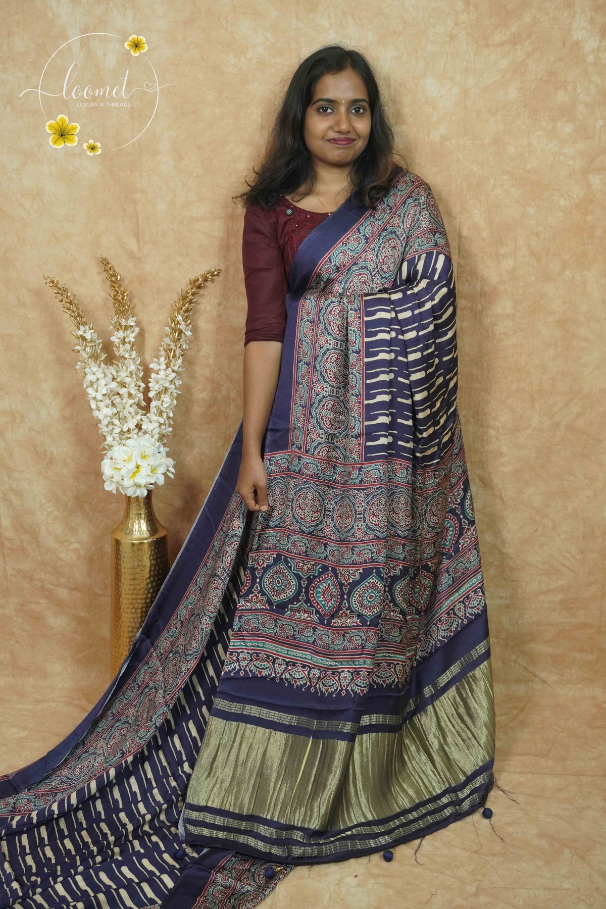 APL5201 Navy Blue Modal silk with Ikat-inspired striped pattern