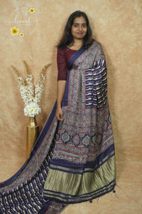 APL5201 Navy Blue Modal silk with Ikat-inspired striped pattern