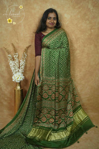 APL5301 Leaf Green Modal silk with Ajrakh-inspired and chevron (zigzag) geometric pattern.