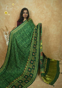 APL5301 Leaf Green Modal silk with Ajrakh-inspired and chevron (zigzag) geometric pattern.