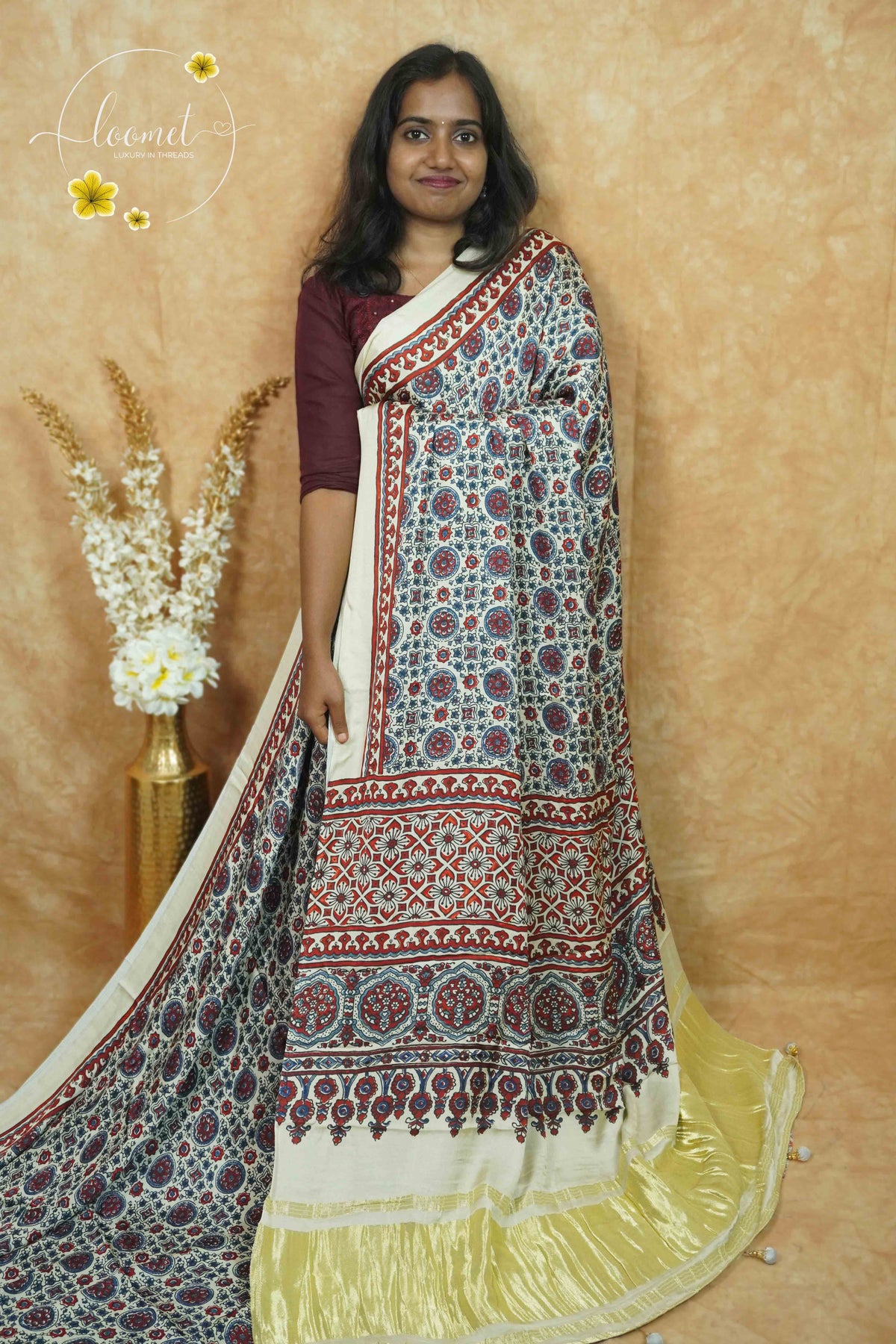 APL5401 Cream & Indigo Modal silk with circular mandala-style motifs