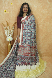 APL5401 Cream & Indigo Modal silk with circular mandala-style motifs