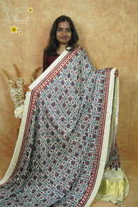 APL5401 Cream & Indigo Modal silk with circular mandala-style motifs