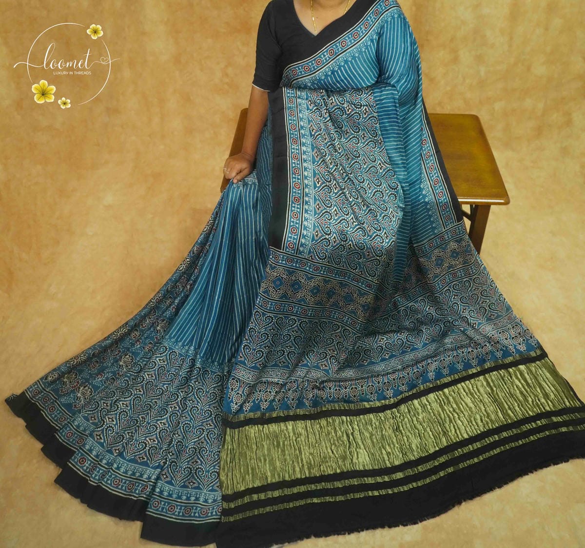 APL5631 Ocean Teal & Blue Modal Silk with ajrakh block print, pinstripes, and crinkled tissue zari.