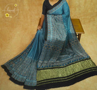 APL5631 Ocean Teal & Blue Modal Silk with ajrakh block print, pinstripes, and crinkled tissue zari.