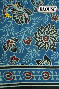 APL5631 Ocean Teal & Blue Modal Silk with ajrakh block print, pinstripes, and crinkled tissue zari.