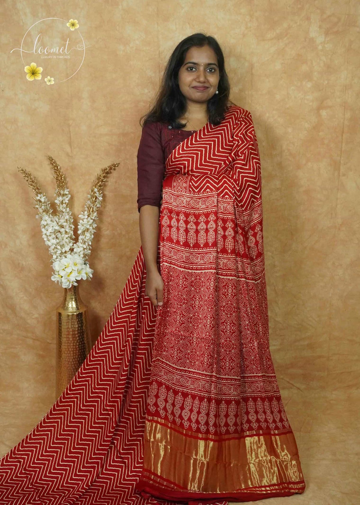 APL5701 Red and white Modal silk with zigzag geometric pattern.