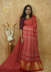APL5701 Red and white Modal silk with zigzag geometric pattern.