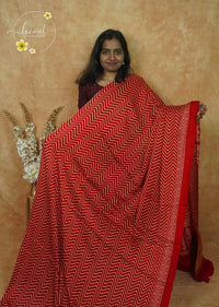 APL5701 Red and white Modal silk with zigzag geometric pattern.