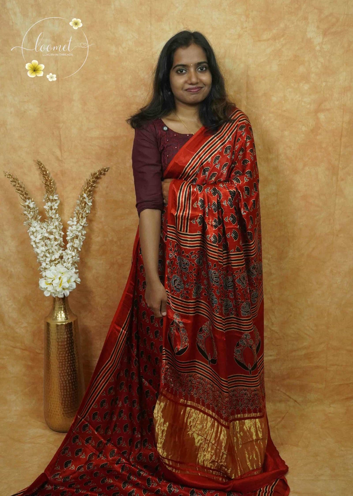 APL5801 Red Modal silk with all-over pattern of small Buti