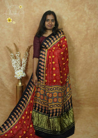 APL5901 Jet Black and Ruby Red Modal silk with Bandhani-inspired pattern.