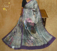 APL60001 Smoky Grey & Violet Modal Stain saree with floral digital print.