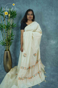 APL6002 Cream Tussar Silk saree with multi-color floral bunches embroidered buttis