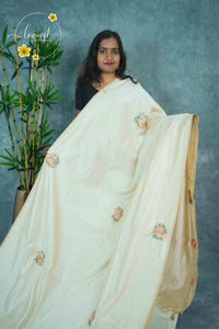 APL6002 Cream Tussar Silk saree with multi-color floral bunches embroidered buttis