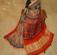 APL6101 Terracotta Red & Beige Modal Silk saree featuring all-over Ajrakh block prints with geometric stripes and zari pallu.