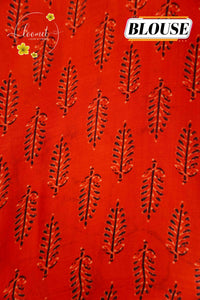 APL6101 Terracotta Red & Beige Modal Silk saree featuring all-over Ajrakh block prints with geometric stripes and zari pallu.
