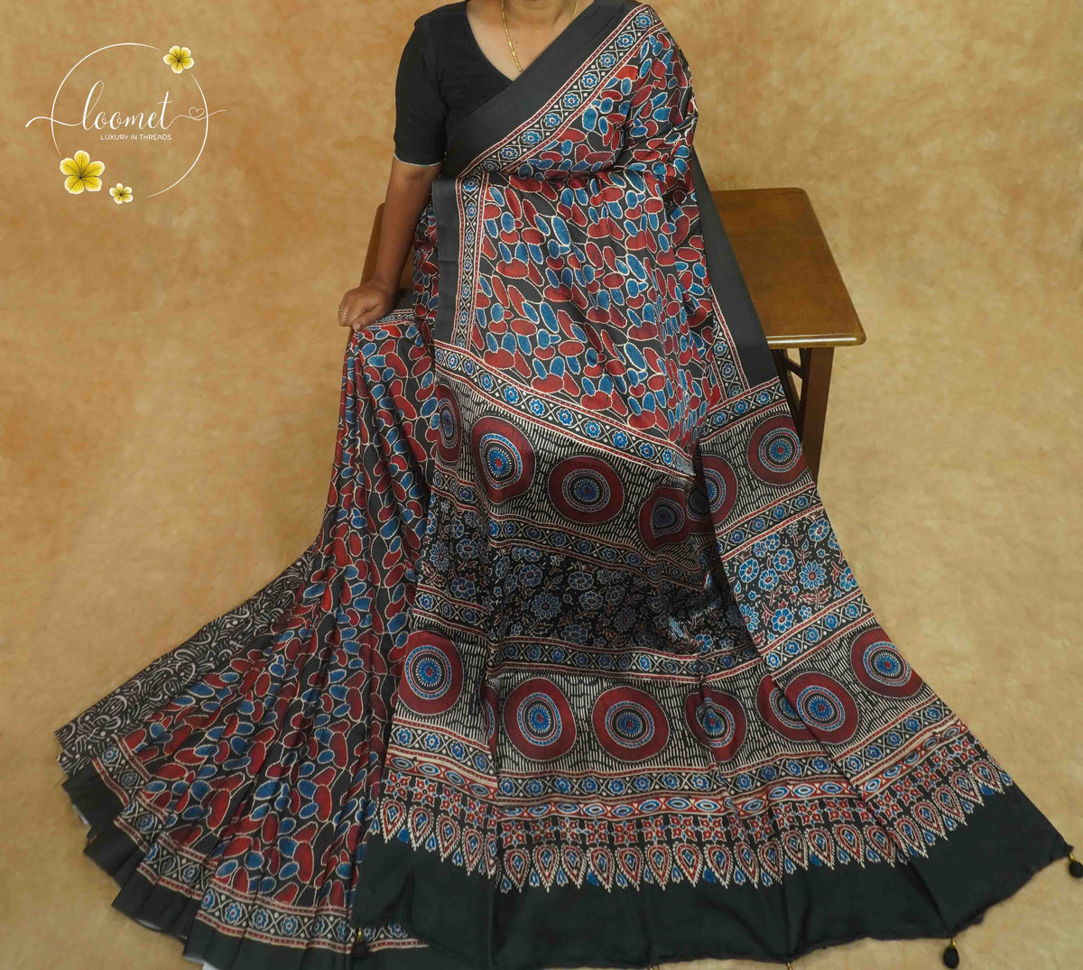 APL6121 Charcoal Grey & Brick Red Semi Modal Silk with mosaic floral motifs and concentric medallions.