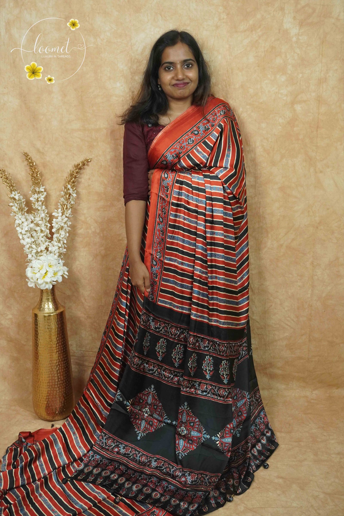 APL6601 Jet Black and red Semi Modal silk with thin striped pattern