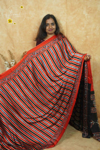 APL6601 Jet Black and red Semi Modal silk with thin striped pattern