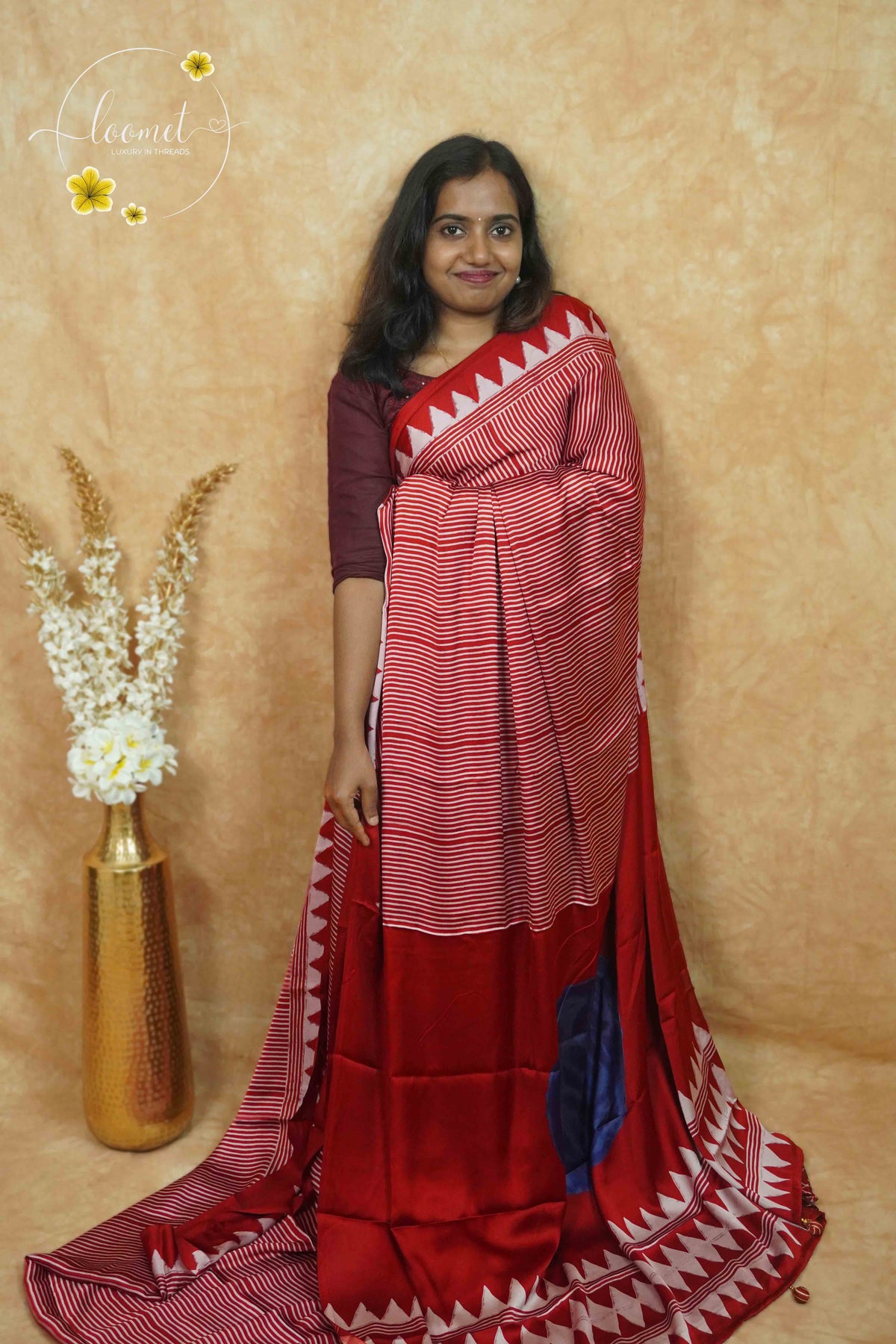 APL6901 Crimson Red and white Semi Modal silk with all-over horizontal pinstripes pattern.