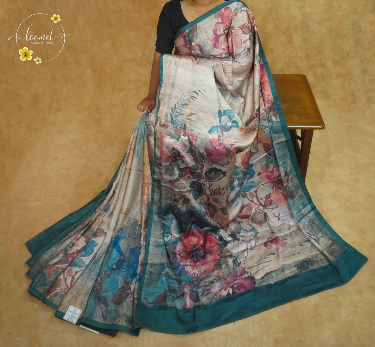 APL70001 Misty Silver & Deep Teal Modal Stain saree with floral digital print.