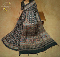 APL7122 Black Semi modal silk saree with ajrakh print and handcrafted mirror work.