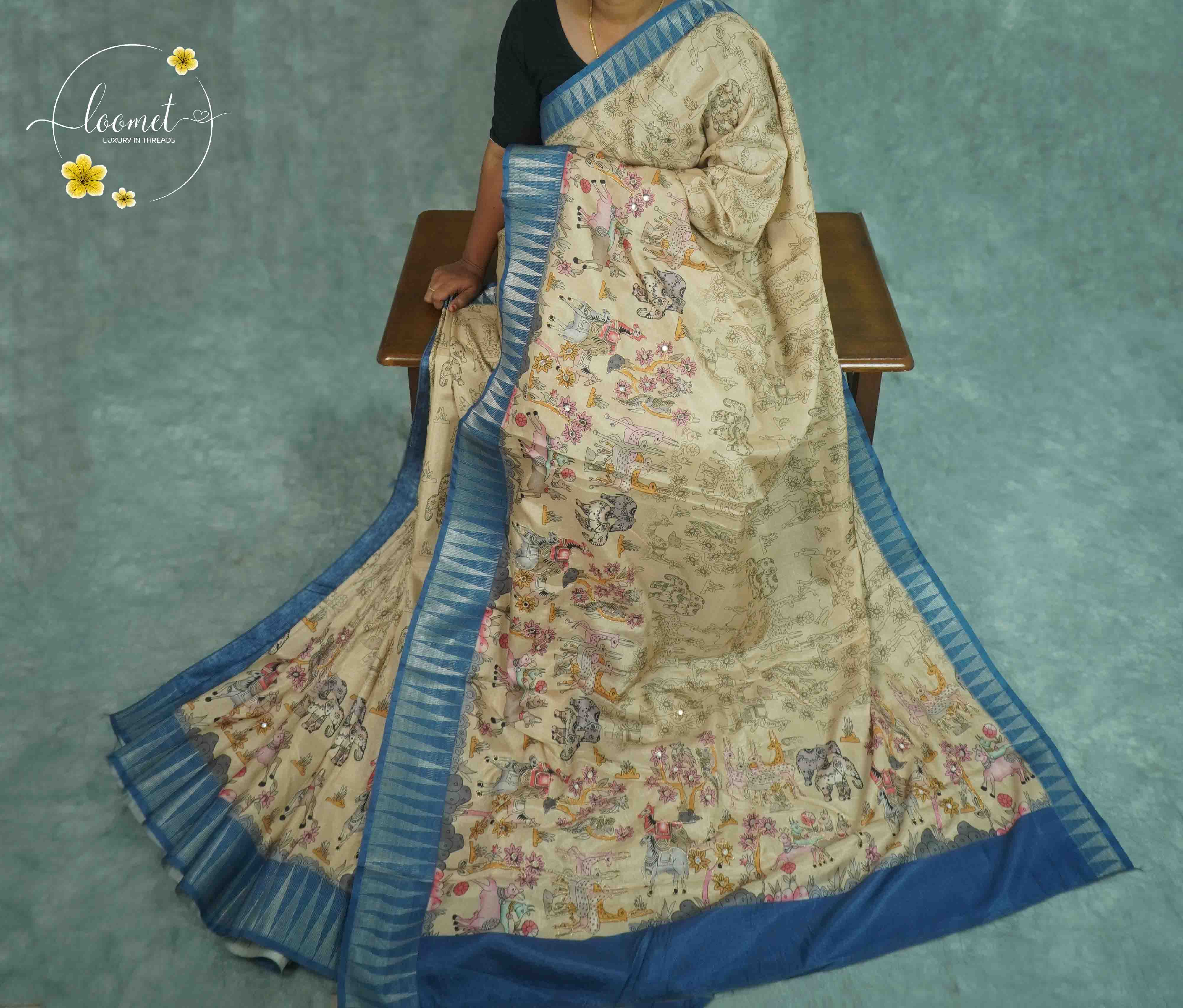 APL7501 Beige Viscose saree featuring Kalamkari animal prints.