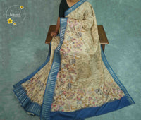 APL7501 Beige Viscose saree featuring Kalamkari animal prints.