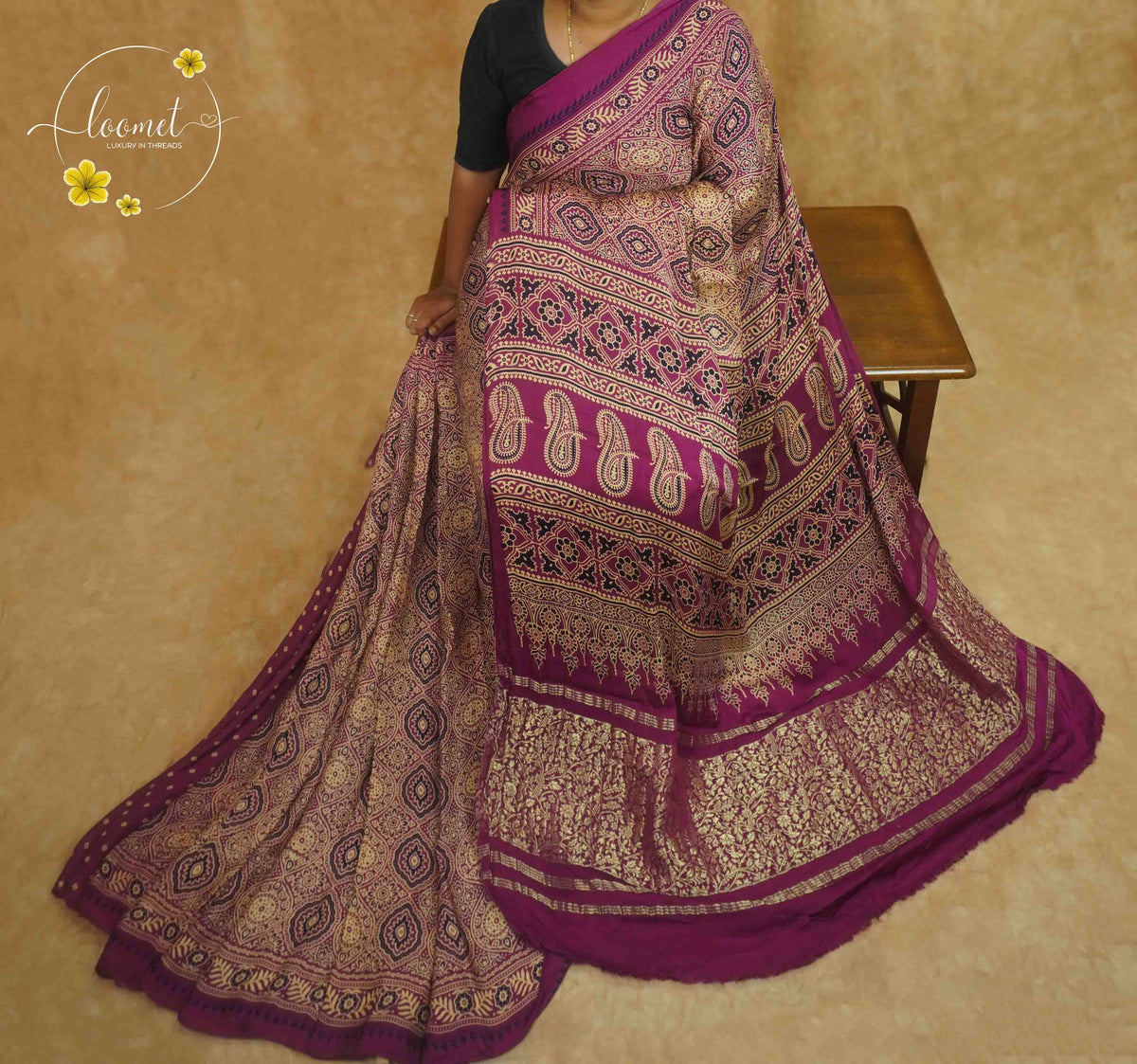 APL7721 Royal Magenta-Purple & Sand Beige Modal silk saree with paisley medallions and metallic brocade pallu.