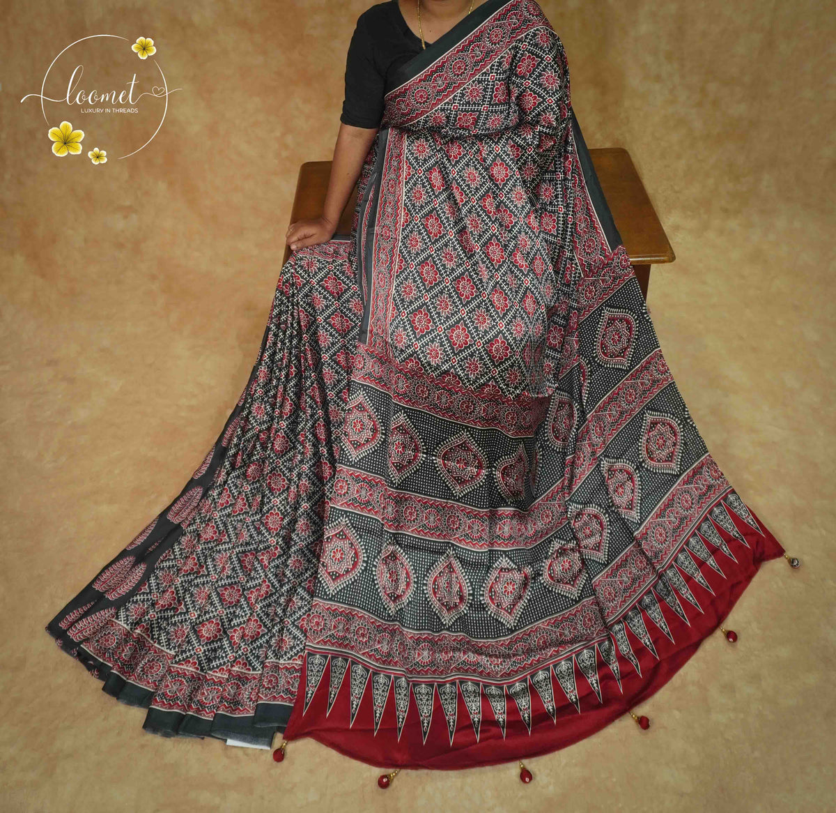 APL8121 Black & Crimson Semi Modal Silk ajrakh print with Floral Grid and Spire Pallu.
