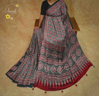 APL8121 Black & Crimson Semi Modal Silk ajrakh print with Floral Grid and Spire Pallu.