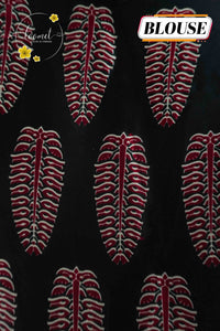 APL8121 Black & Crimson Semi Modal Silk ajrakh print with Floral Grid and Spire Pallu.