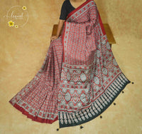 APL8122 Crimson Red & Black Semi Modal Silk ajrakh print with ornamental floral jaal and edge tassels.