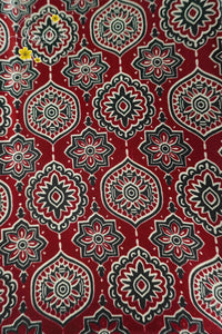 APL8122 Crimson Red & Black Semi Modal Silk ajrakh print with ornamental floral jaal and edge tassels.