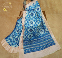 APL8201 Oceanic Blue & Cream Dola Silk saree with Shibori Tie-Dye Pattern.