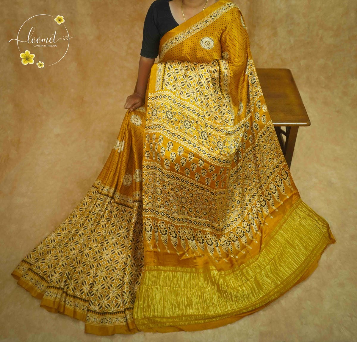 APL8231 Mustard Gold semi modal silk saree with Geometric Mandala Block Prints and Lagdi Patta Pallu
