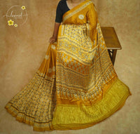APL8231 Mustard Gold semi modal silk saree with Geometric Mandala Block Prints and Lagdi Patta Pallu