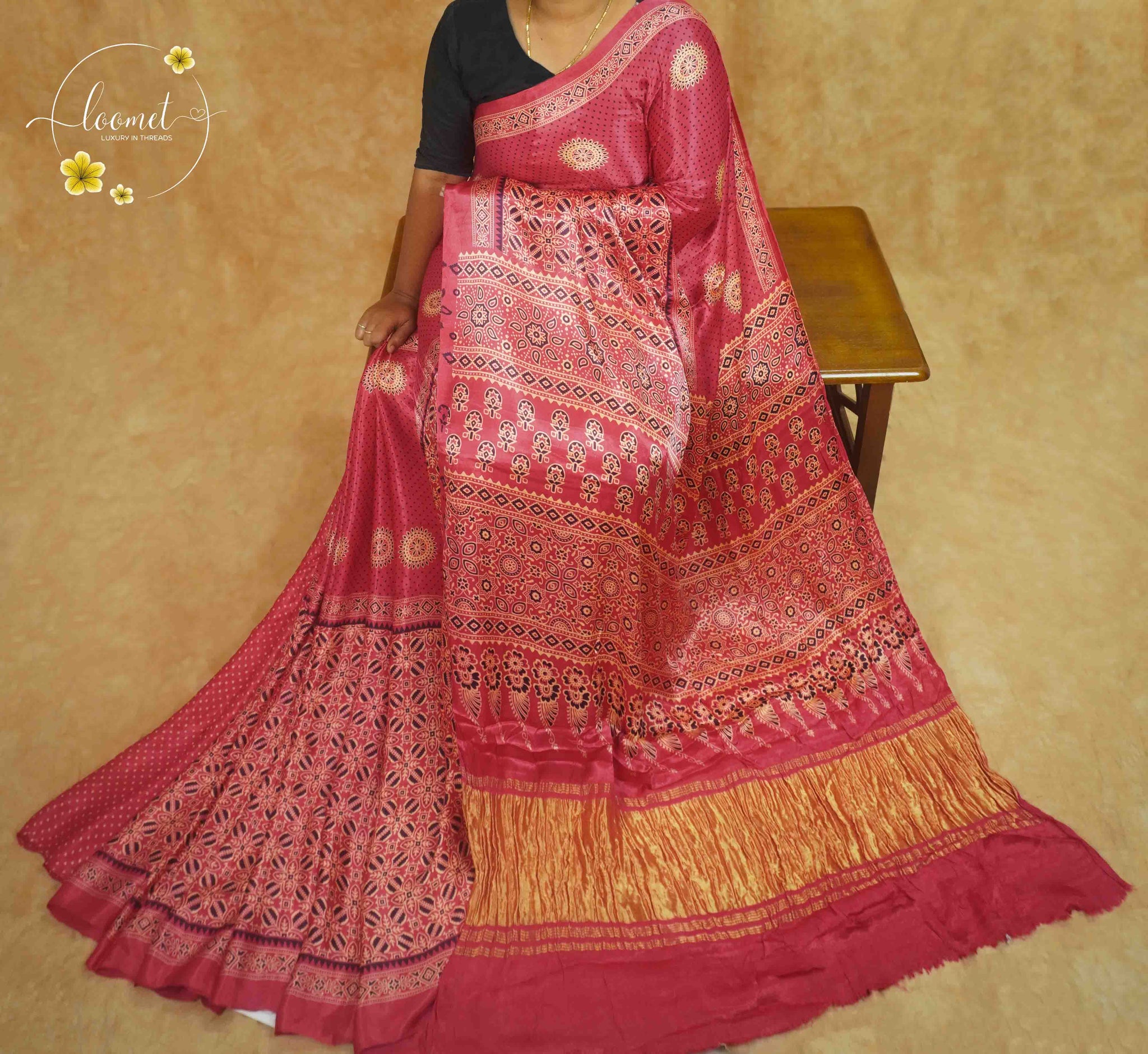 APL8232 Rose Pink semi modal silk saree with Geometric Mandala Block Prints and Lagdi Patta Pallu