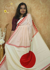 APL8601 Off-White Crepe Silk saree with vertical pinstripes in red.