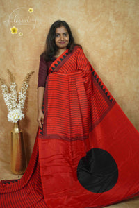 APL8602 Deep Crimson Red Crepe Silk saree with horizontal pinstripes in black