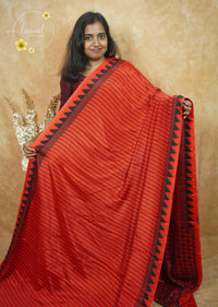 APL8602 Deep Crimson Red Crepe Silk saree with horizontal pinstripes in black