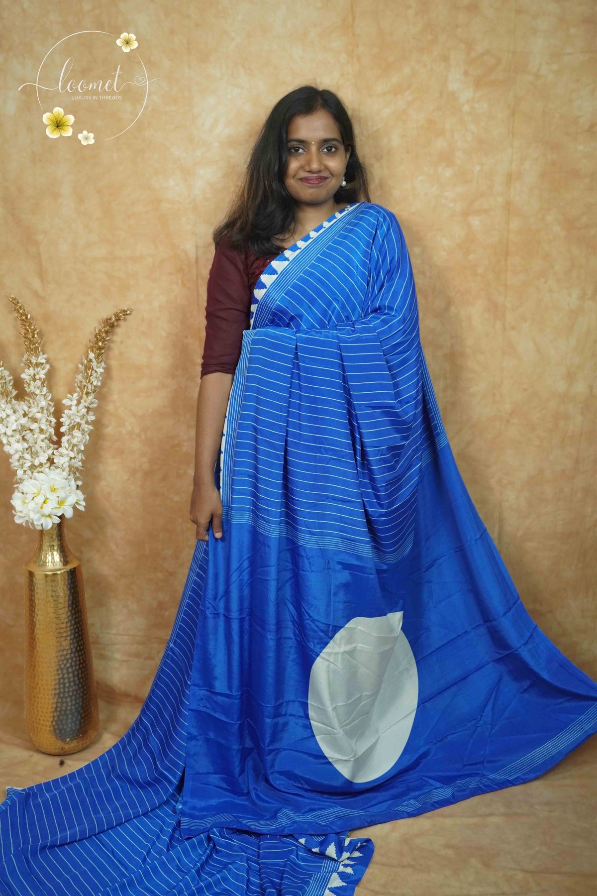 APL8603 Royal Blue Crepe Silk saree with vertical white pinstripes.