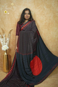 APL8604 Ebony Black Crepe Silk saree with horizontal red pinstripes