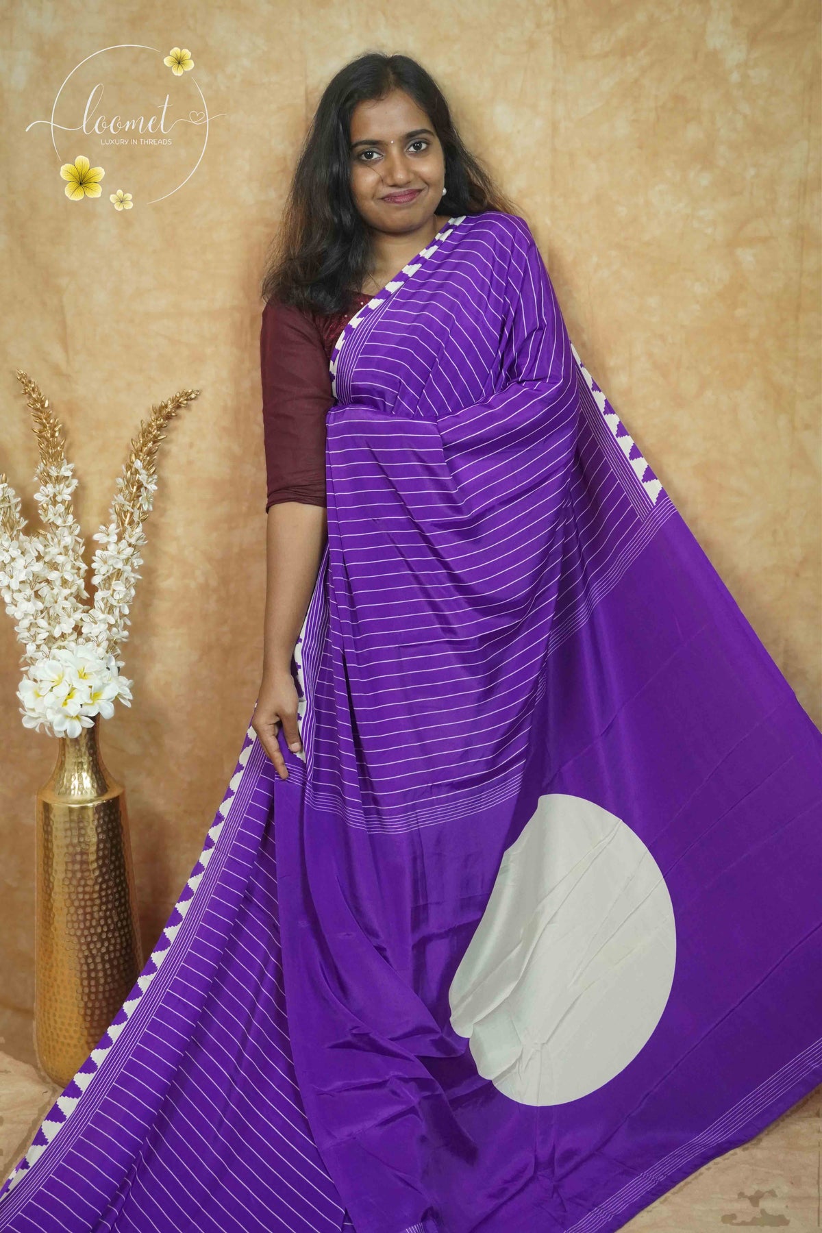 APL8605 Grape Purple Crepe Silk saree with vertical white pinstripes.