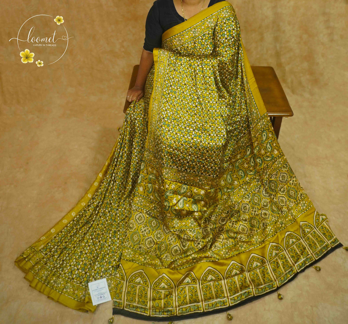 APL8901 Olive Lime Semi Modal Silk saree with ajrakh print intricate mosaic tile prints and tassels.