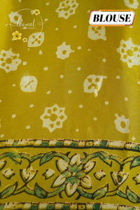 APL8901 Olive Lime Semi Modal Silk saree with ajrakh print intricate mosaic tile prints and tassels.
