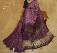 APL90001 Royal Violet & Marigold Orange Pure Dola Viscose saree with geometric mosaic motifs and crinkled tissue zari.